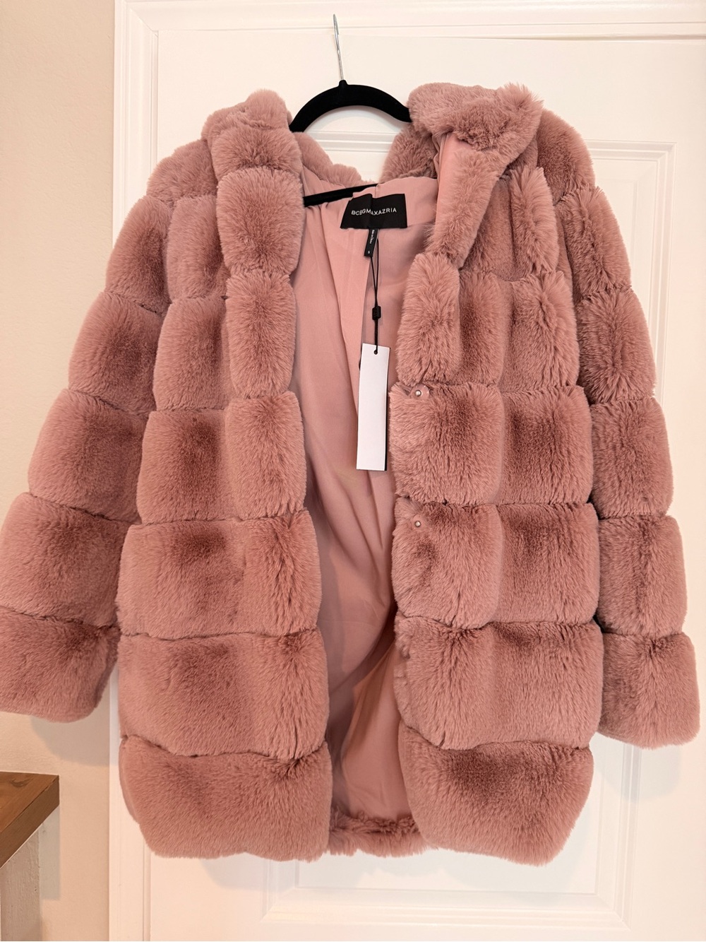 BCBGMaxAzria Plush Faux Fur Coat in Dusty Rose